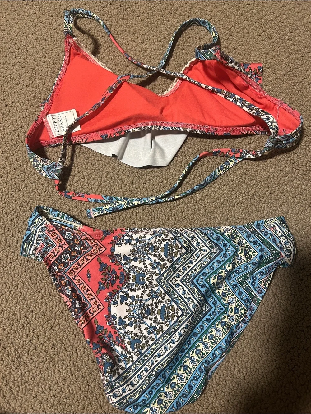 Lucky Brand Coral and Blue Printed Bikini Set